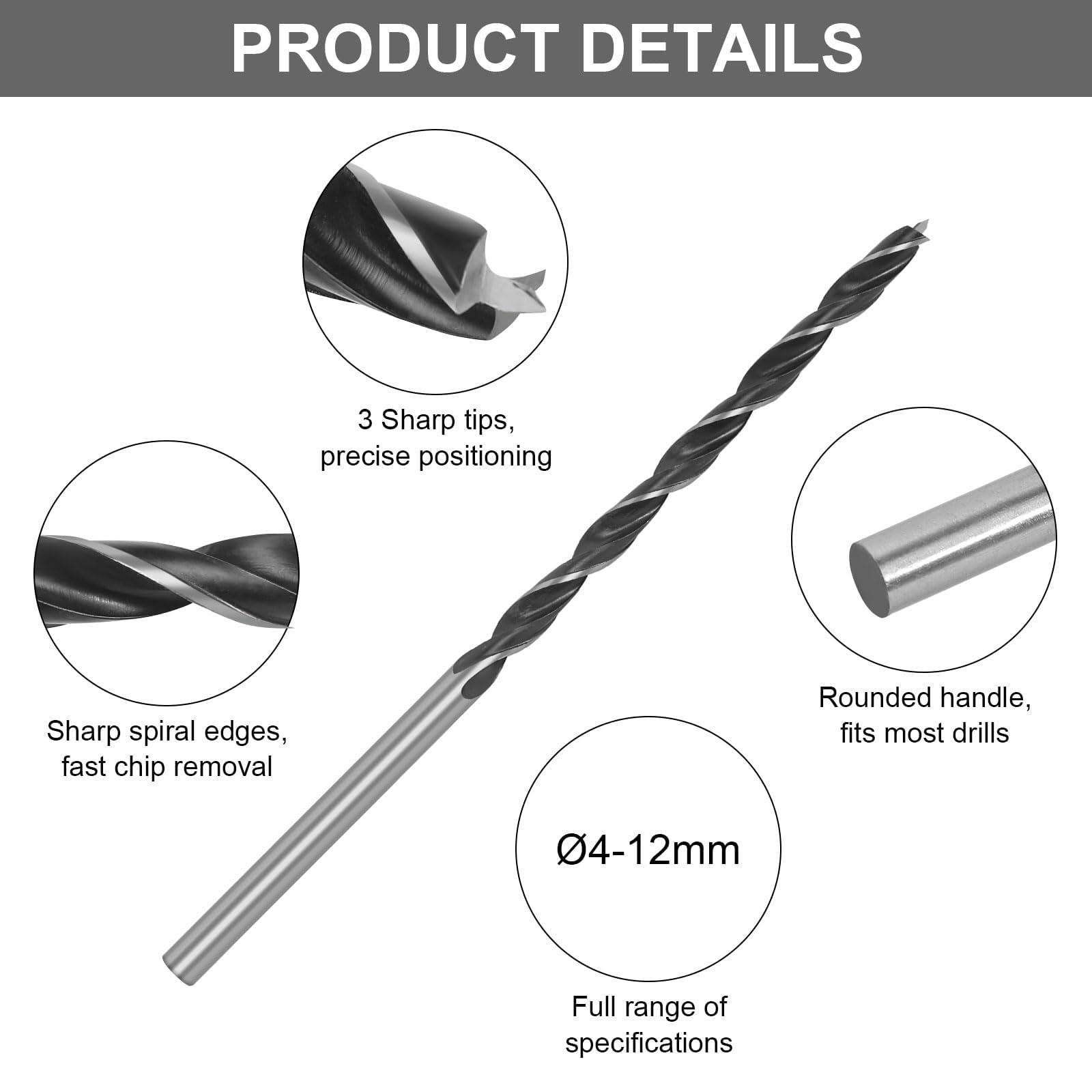 Juego de brocas para madera, 7 piezas, 4, 5, 6, 7, 8, 10, 12 mm x 300 mm, broca larga para madera contrachapada, ladrillos