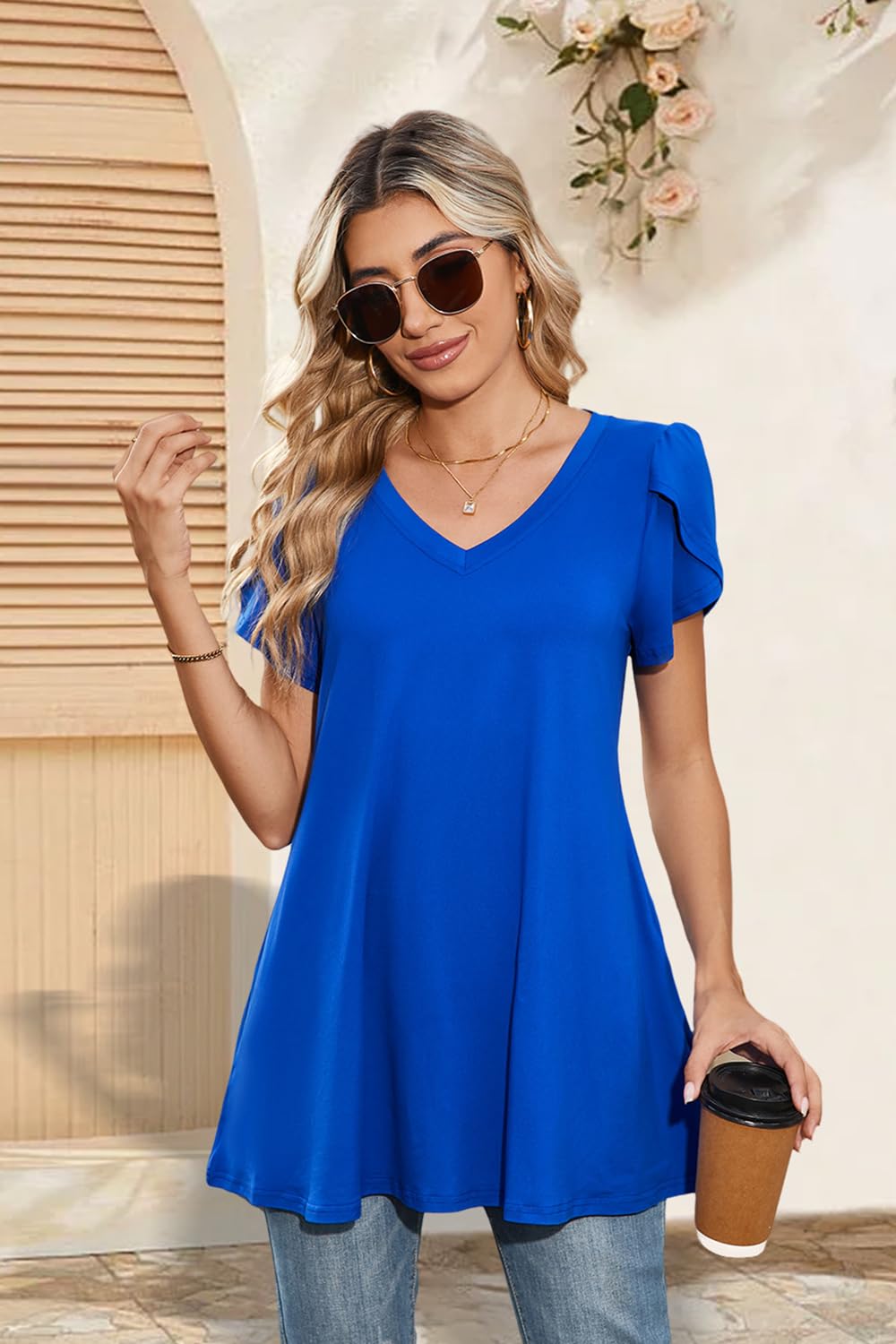 Enmain Tunique Femme Manche Courte Été Grande Taille Chemisier Femmes Chic et élégant à Blouses Col en V Tuniques Ample à Hauts Couleur Unie S-4XL