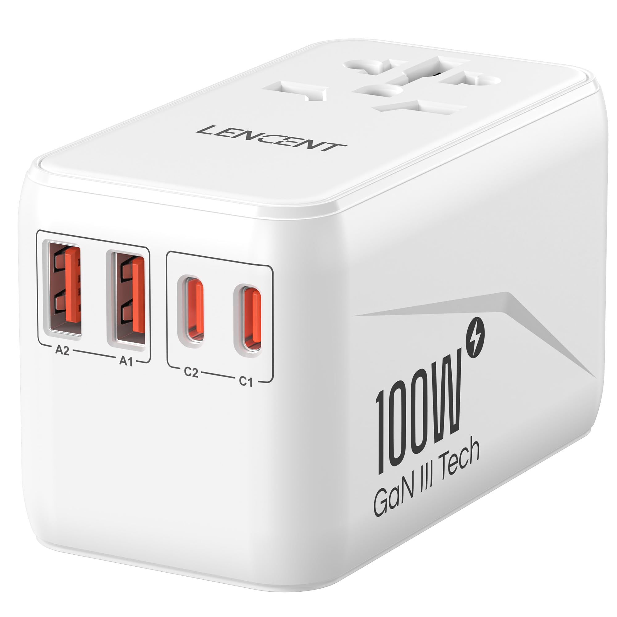 LENCENT GaN3 100W Adattatore Universale da Viaggio, Caricatore Internazionale con 2 USB QC4.0 e 2 USB-C PD3.0 PPS Ricarica Veloce, Caricabatteria Mondiale per Telefono, Adattatore Spina USA/UK/EU/AU