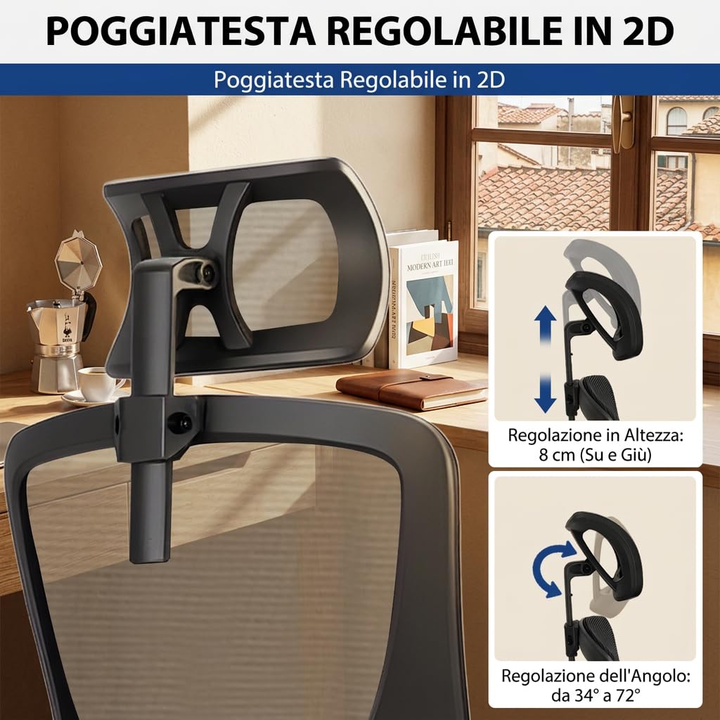 Sedia Ufficio Ergonomica con Poggiatesta 2D, Sedia da Scrivania Supporto Lombare Regolabile, Schienale in Rete Traspirante, Seduta Imbottita, Funzione Basculante 90°-130°, Nera
