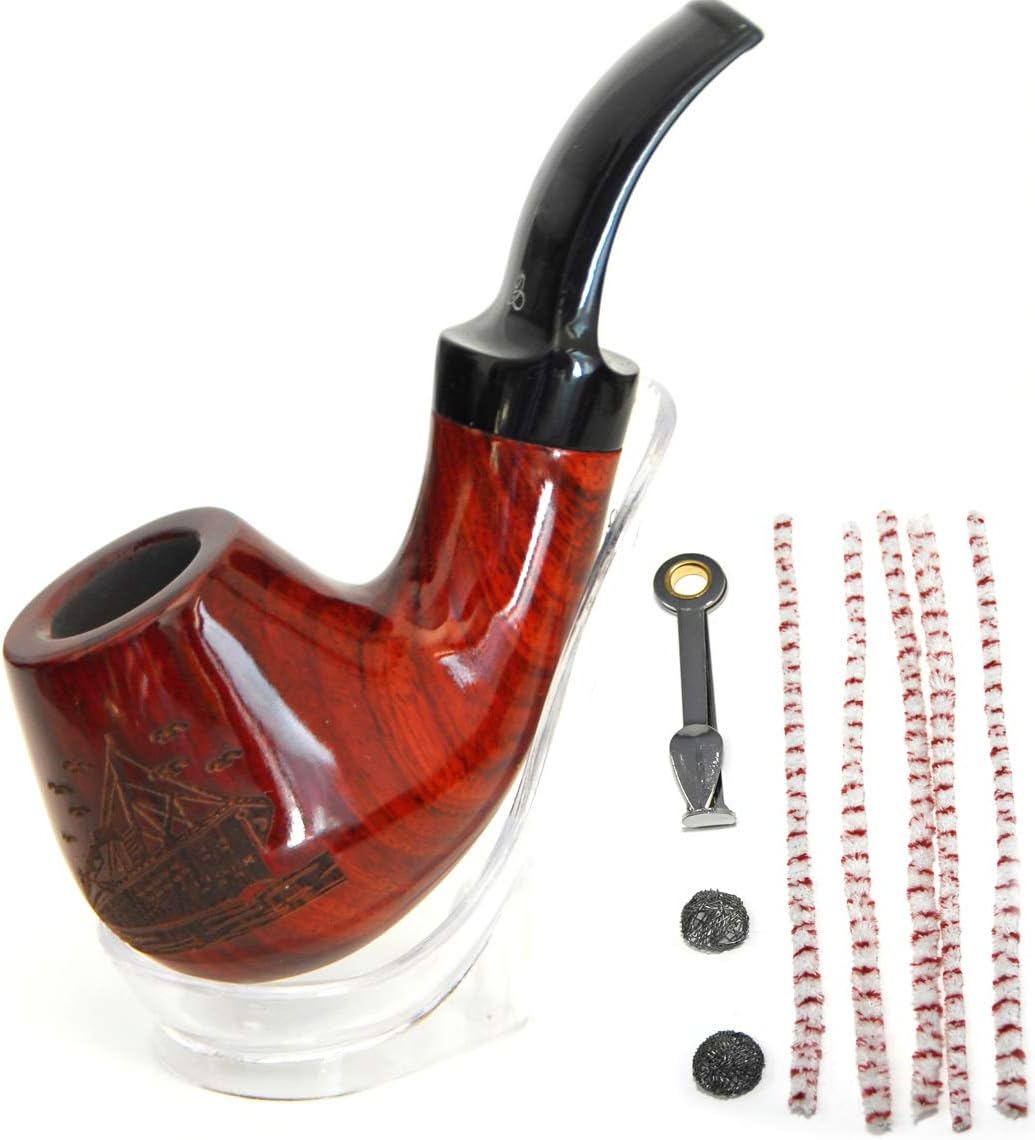 ShowJadeUnique Ship Etched Design With Authantic Sandalwood Handmade Tobacco Pipe With Stand Pouch