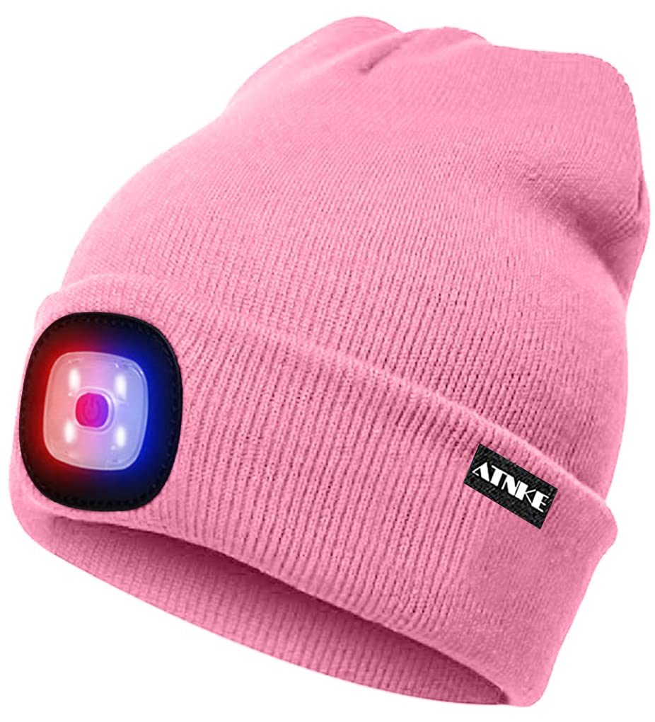 Atnke Men's Pink Led Lighted Beanie Cap,Usb Rechargeable 4 Led Red And Blue Glow Flashing Running Headlamp Hat Winter Warm Gifts For And Wo