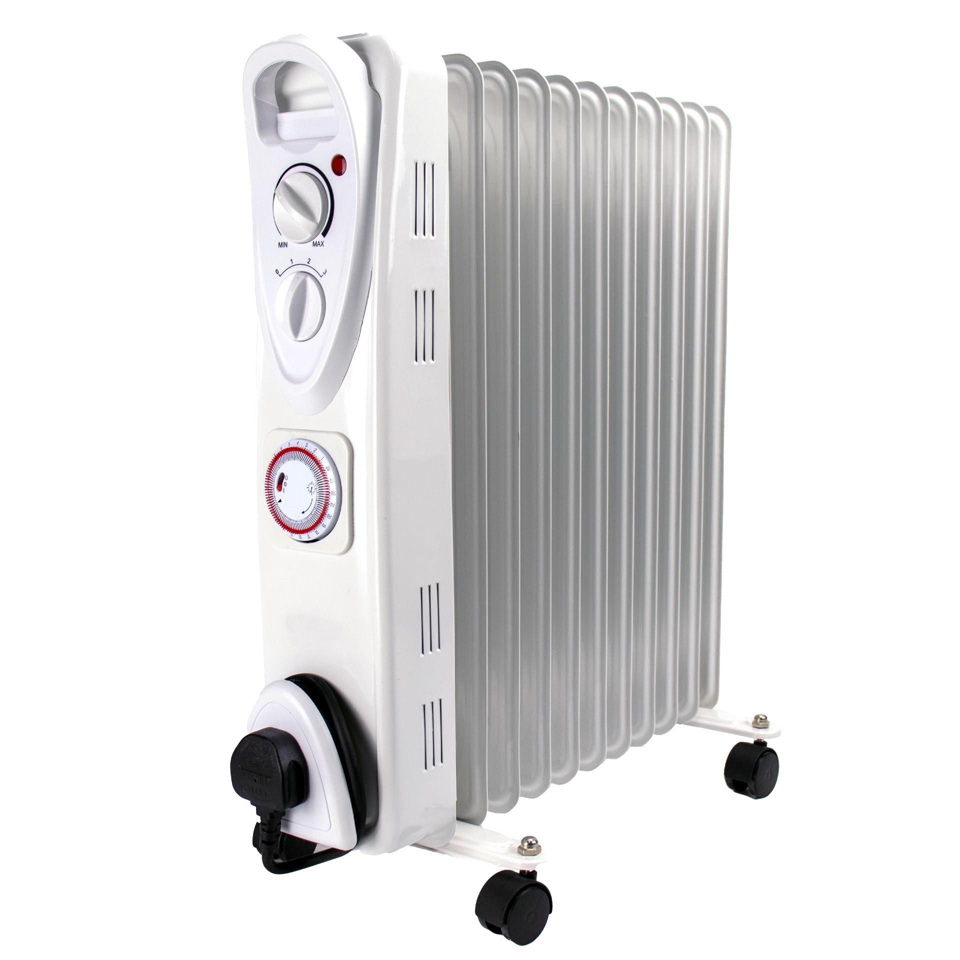 Oil Filled Radiator Heater with 24 Hour Timer - Electric 2.5KW Free Standing Portable Oil Radiator with Thermostat & Timer - 3 Heater Settings, Built in Safety Features