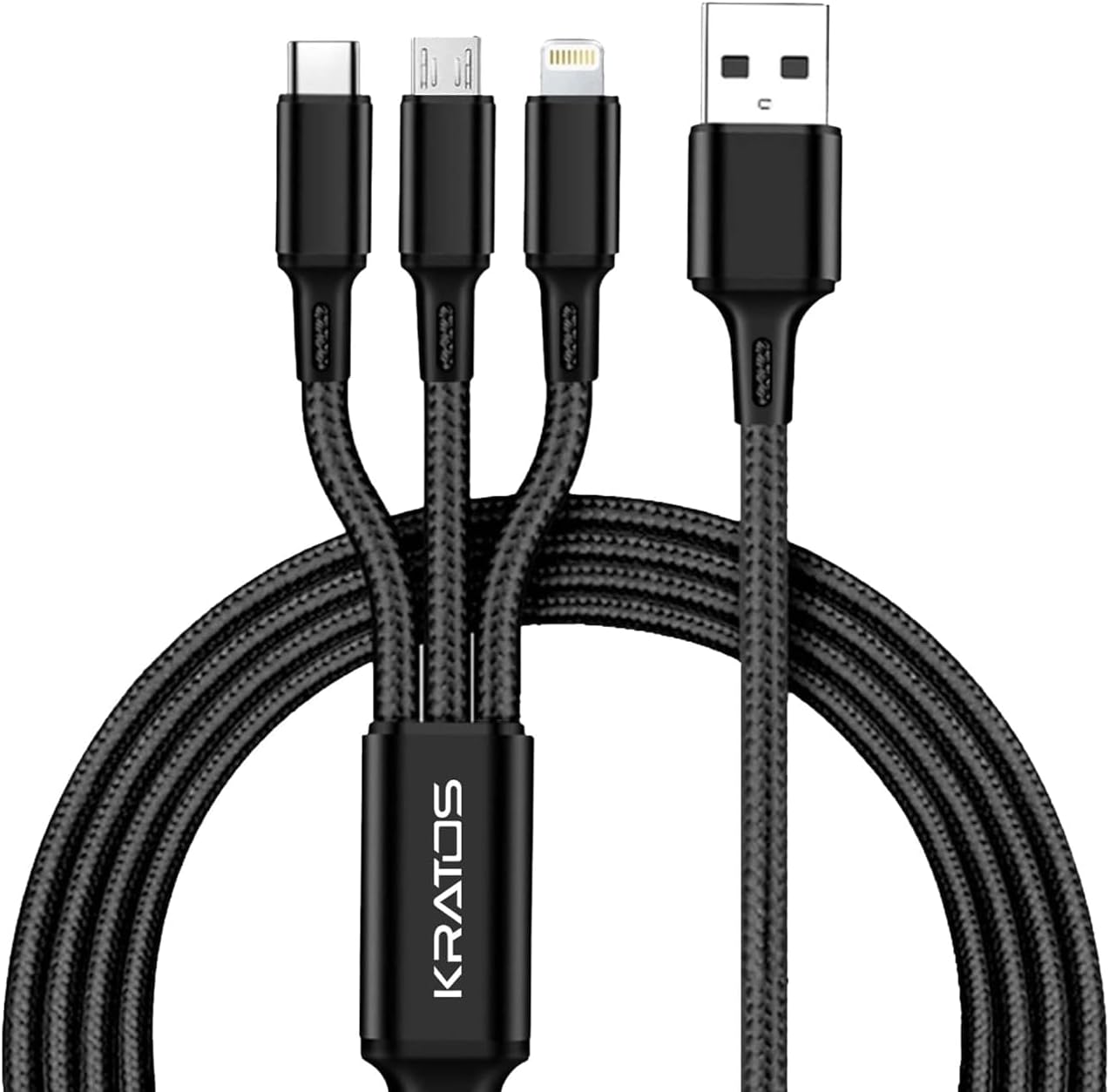Kratos Unbreakable 1.2 Mtr Nylon Braided 3 in 1 Charging Cable with Type C, Lightning, Micro USB Port, Charging Cable compatible for iPhone,Samsung,OnePlus & Other Smartphones, 1 Meter, White
