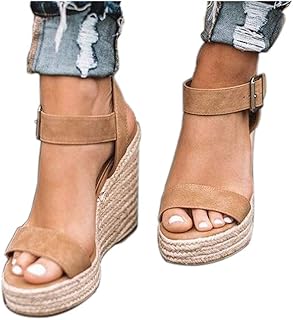 Women'S Wedge Sandals Platform, Ankle Strap Wedge Sandals Open Toe Casual Summer Straw Woven Classic Wedge Sandals, Tan, 4 Price In India