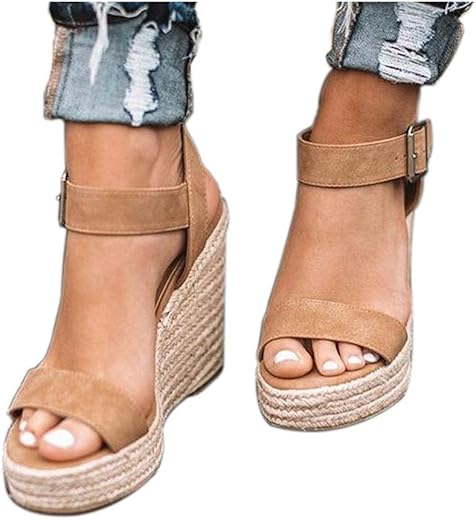 Women'S Wedge Sandals Platform, Ankle Strap Wedge Sandals Open Toe Casual Summer Straw Woven Classic Wedge Sandals, Tan, 4