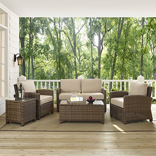 Crosley Furniture Ko70050Wb-Sa Bradenton Outdoor Wicker 5-Piece Seating Set (Loveseat, 2 Arm Chairs, Side & Coffee Table), Weathered Brown With Sand Cushions #TOP4