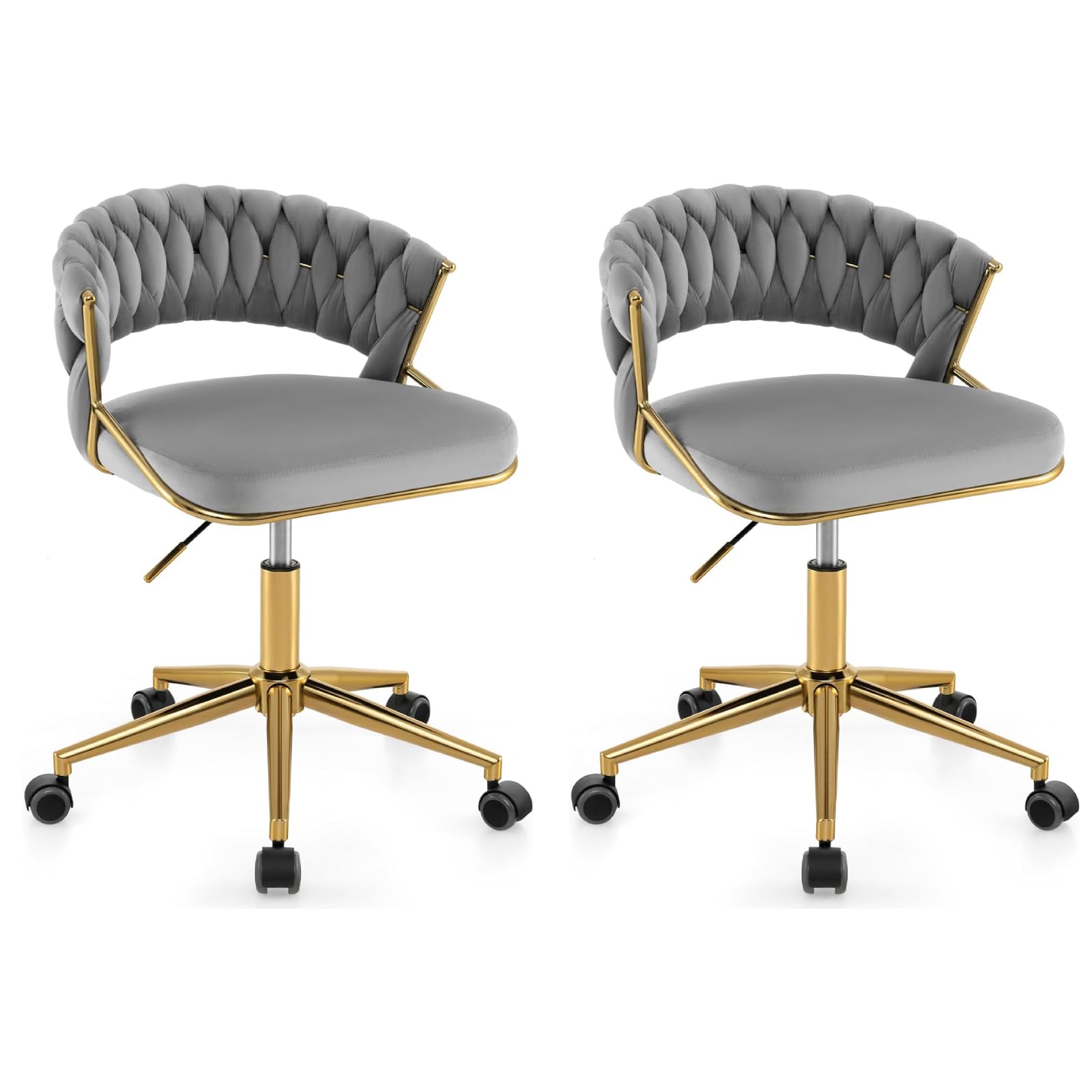 COSTWAY Modern Desk Chair, Height Adjustable Swivel Upholstered Computer Chair Leisure Vanity Seat with Wheels, Hand-woven Back & Metal Legs, Executive Task Chairs for Home Office Bedroom (2, Grey)
