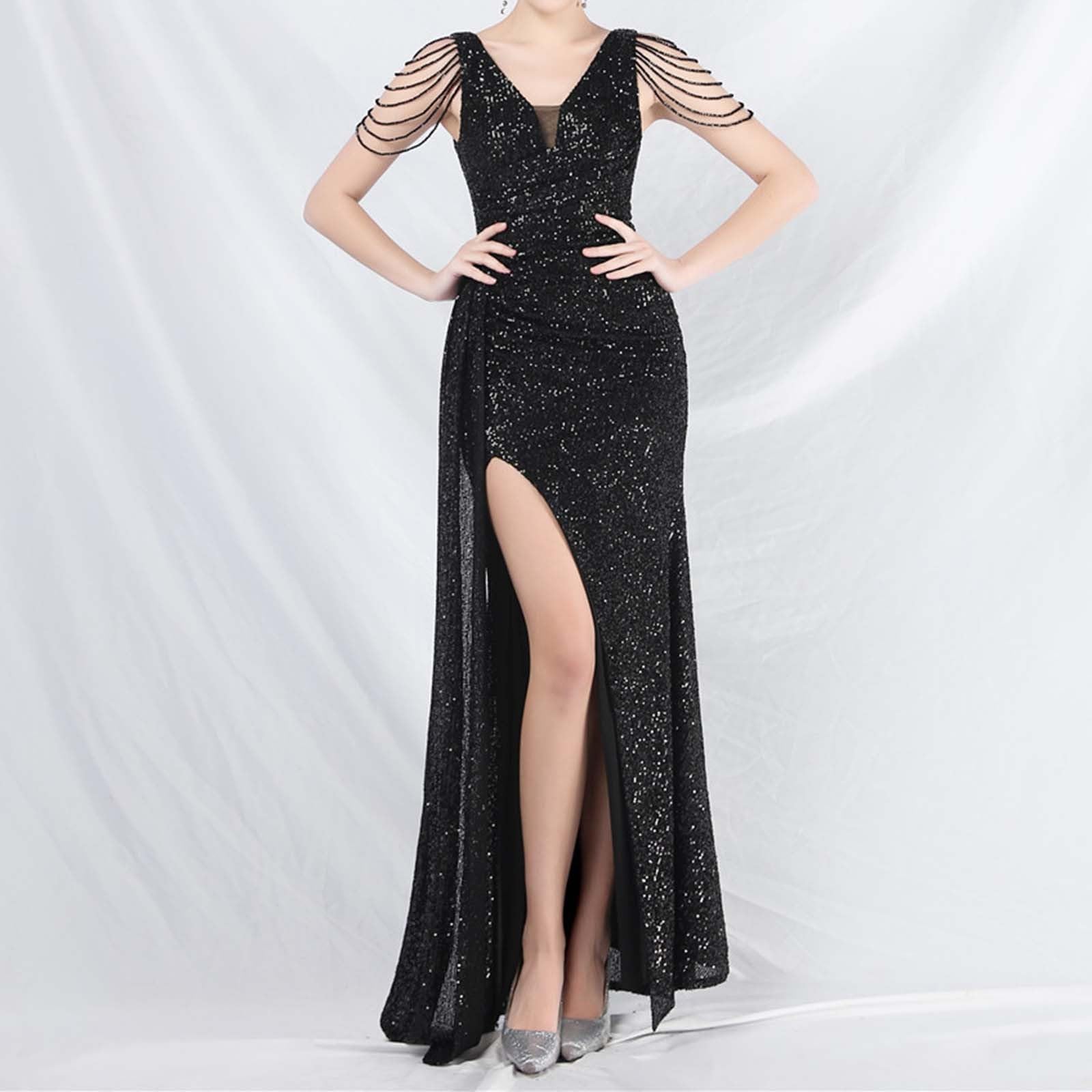 Abito da ballo da donna vintage con paillettes, in rete, con scollo a V, sexy, schiena scoperta, estivo, comodo, elegante, per il tempo libero, feste, abito da sera avvolgente