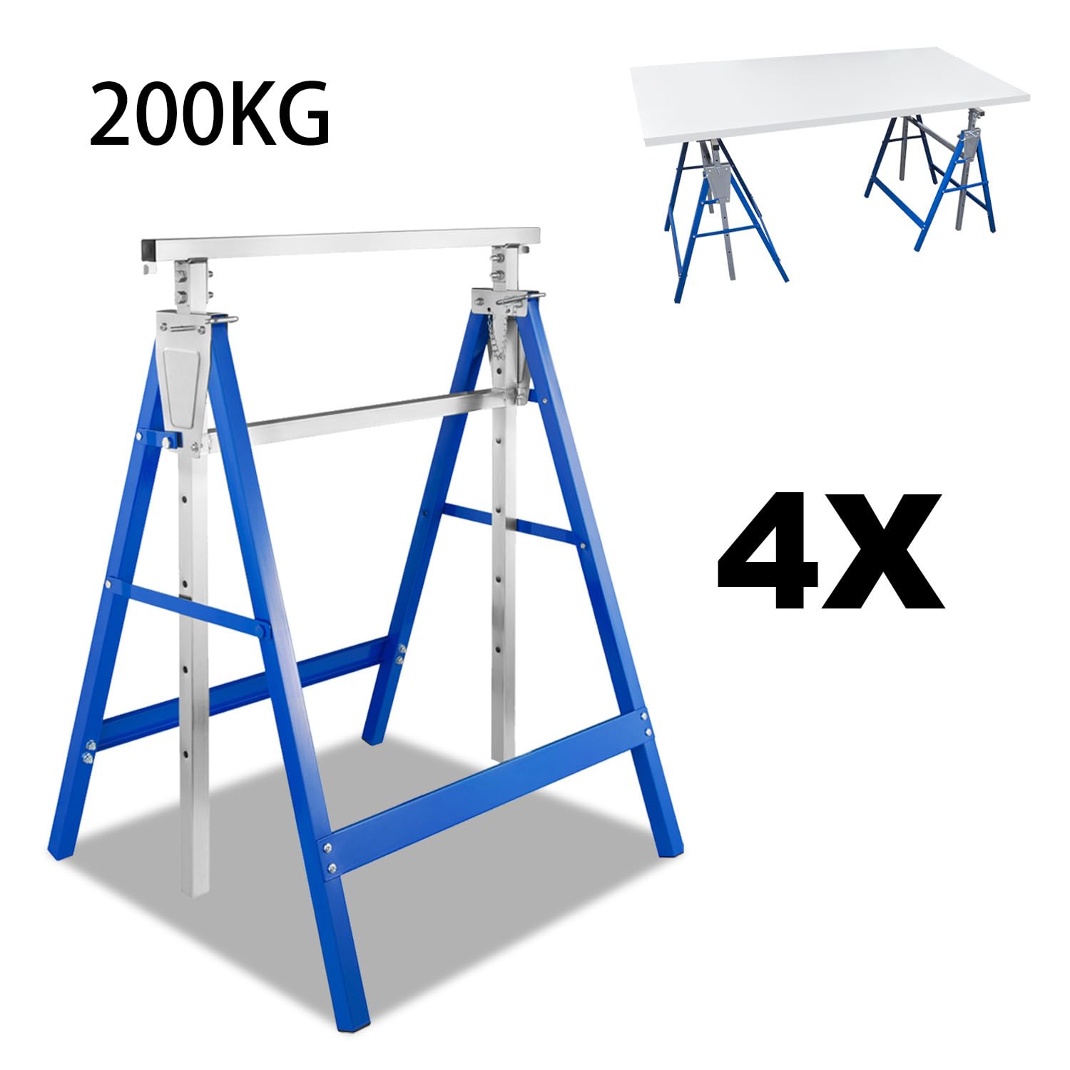 Juego de 4 caballetes de trabajo, 7 alturas ajustables, altura variable de 81 – 130 cm, revestimiento de plástico resistente a los arañazos. Azul.