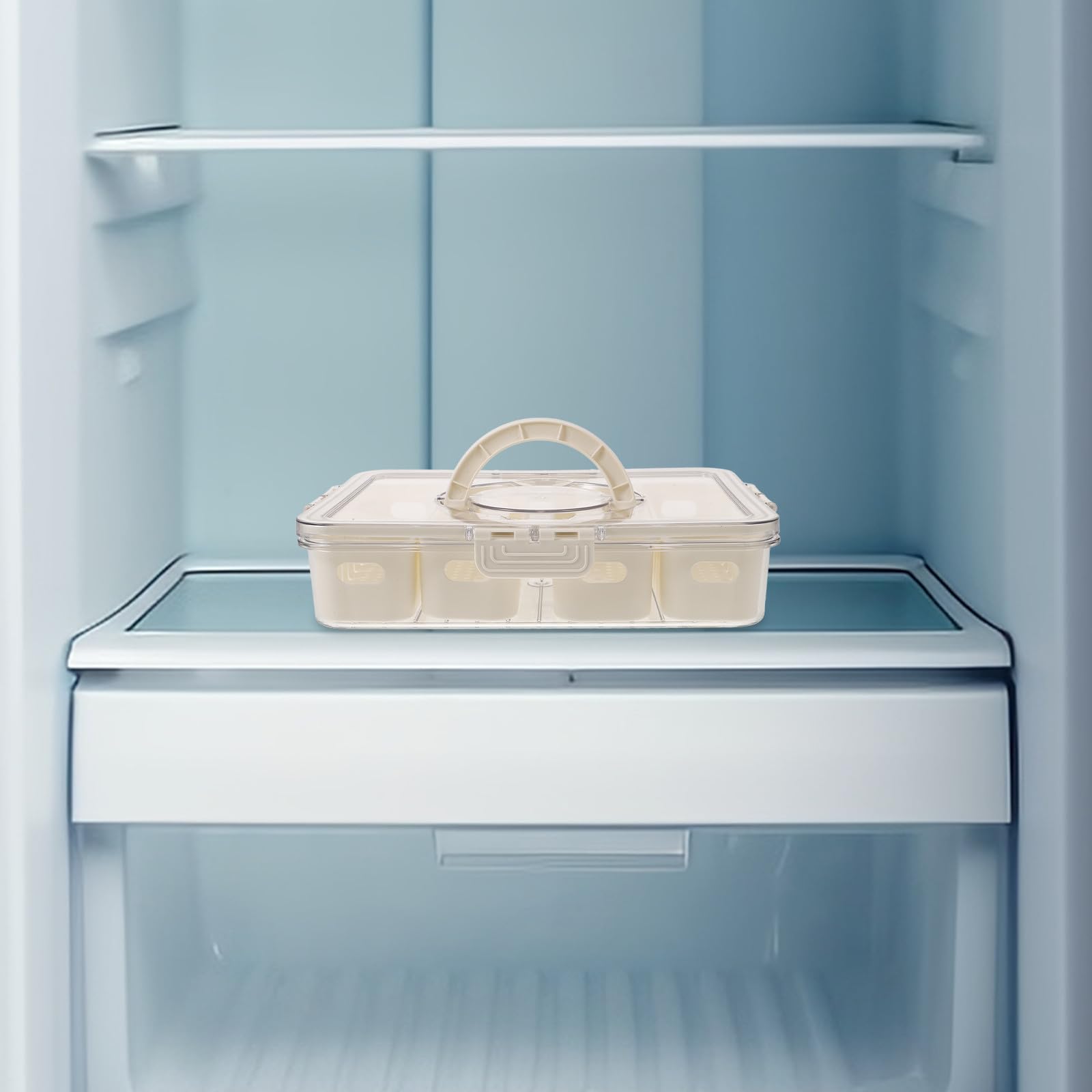OSALADI Caja de Almacenamiento para Nevera Pet de Grado Alimenticio, Organizador de Congelador Transparente 4 Compartimentos, Diseño Drenaje y Asa Portátil para Conservar Alimentos