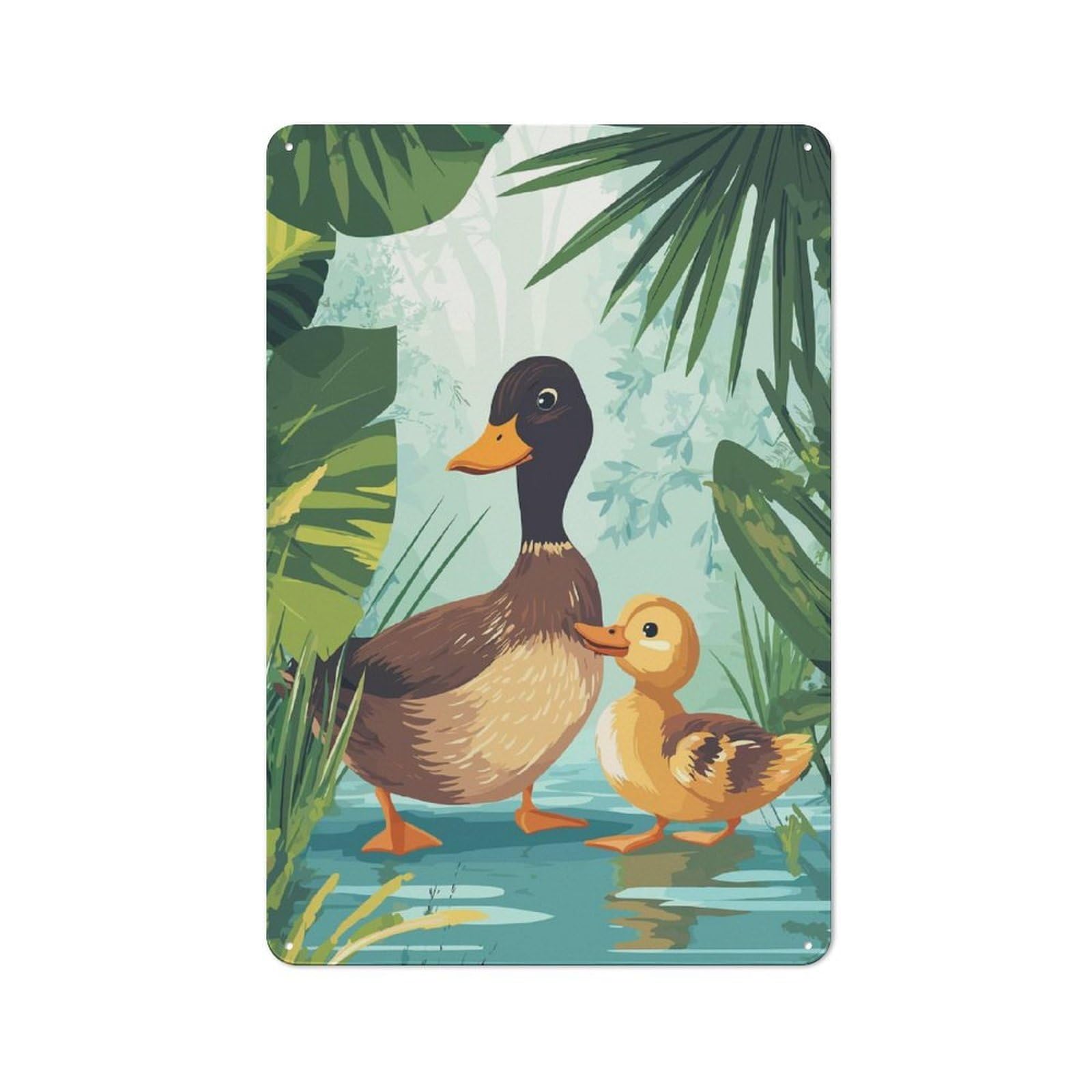 Junmoney Duck Family In Lush Greenery Metal Wall Plaque 30X20cm, Understated Creative Space Decor For Home Office, Reading Corner Or Bedroom