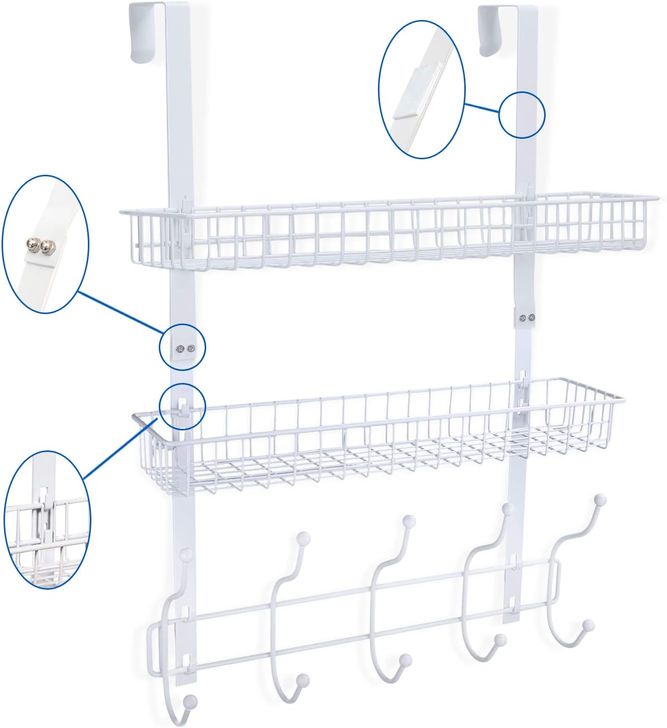 KEIMIX Coat Rack, Over The Door Hanger with Mesh Basket, Detachable Storage Shelf for Towels, Hats, Handbags, Coats