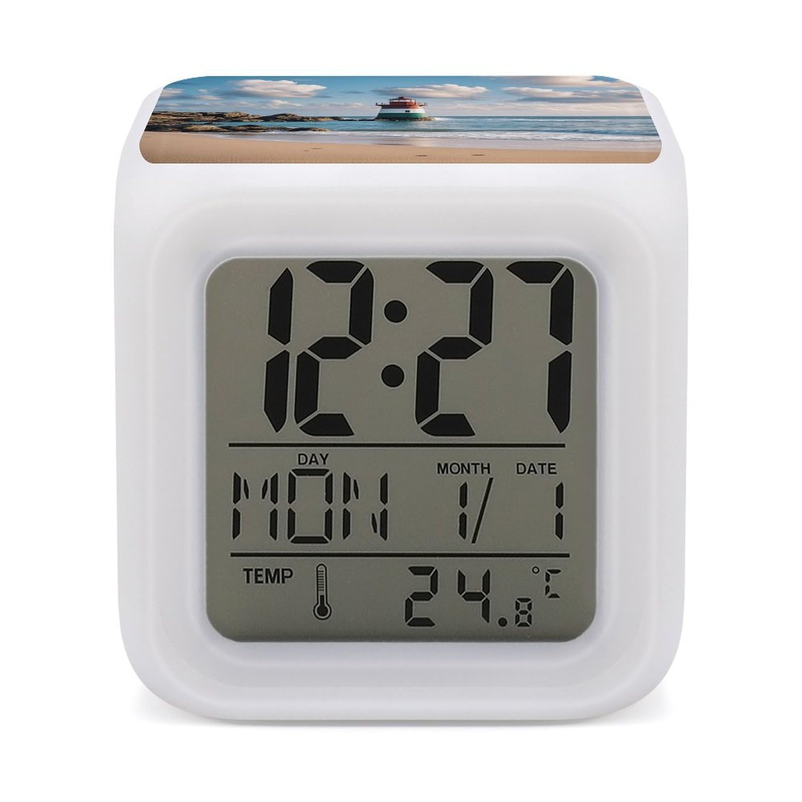 LZQPOEAS Sea Lighthouse Sandbeach Alarm Clock Desk Clock with 7 Color Changing Night Light Digital Clocks with Temperature Display Sleep Training and Sound Machine for Heavy Sleeper