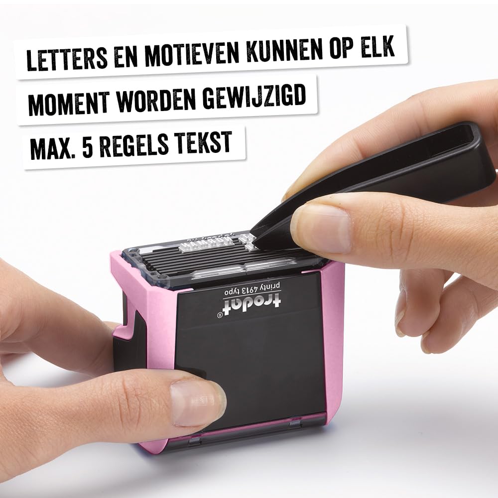 Trodat Printy 4913 DIY pastelcrème stempelset - 5 regels tekst, afdruk 58 x 22 mm, Duits, met pincet, zwarte inkt & set letters en cijfers in twee maten