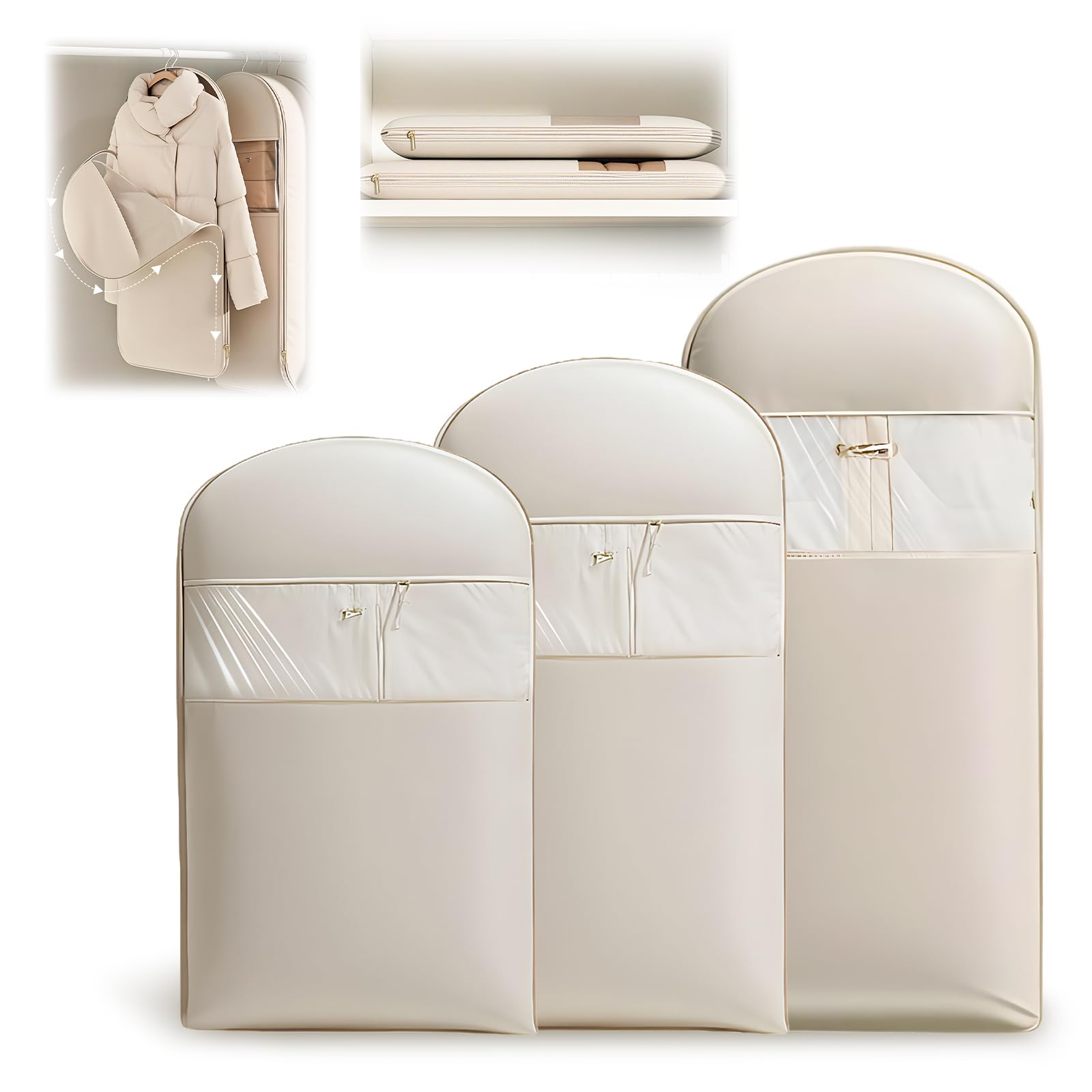 3PCS Space Saving Hanging Garment Bag With Self Compression Zipper,Waterproof Compression Bags For Down Coat For Costume Wardrobe Space Saver