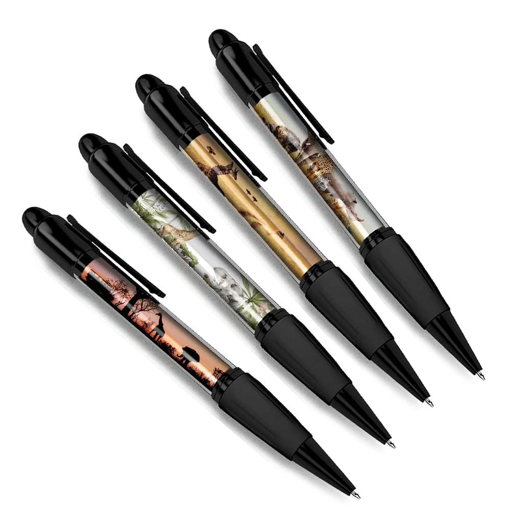 DV DESIGN Set of 4 Safari Black Ballpoint Pens - Animals Giraffe Elephant Wild Africa Friends Boys Girls Men Women Theme Pen #79342