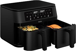 Haier Freidora de Aire Doble Cajón 11L, 8 en 1: Freír con Aire, Grill, Asar, Hornear, Deshidratar, Recalentar, Descongelar, Cocción Lenta, Función Sync, Antiadherente, Lavavajillas [HAF3AD]