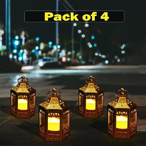 Miniatura 2 de Mini faroles marroquíes  Paquete de 4 linternas pequeñas de metal de 4.5 pulgadas para portavelas decorativo, decoración del hogar y patio, y