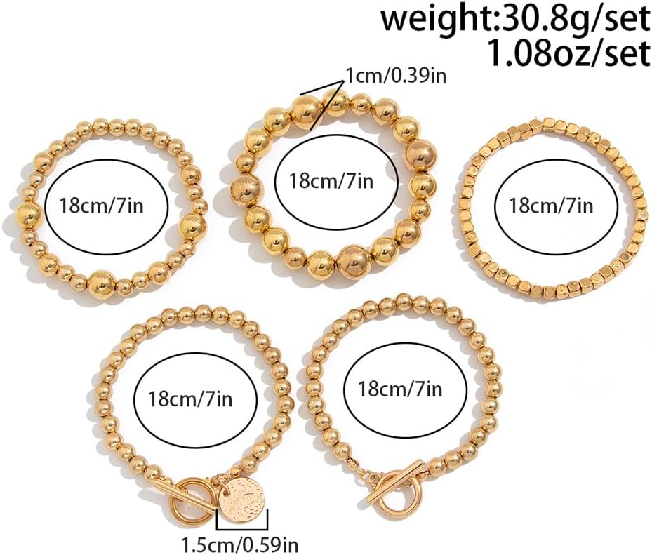5Pcs Stack Gold Beaded Stretch Bracelets Set for Women Vintage Stackable OT Buckle Bangles Coin Disc Statement Bracelet Trendy Elastic Jewelry Gifts - Image 3
