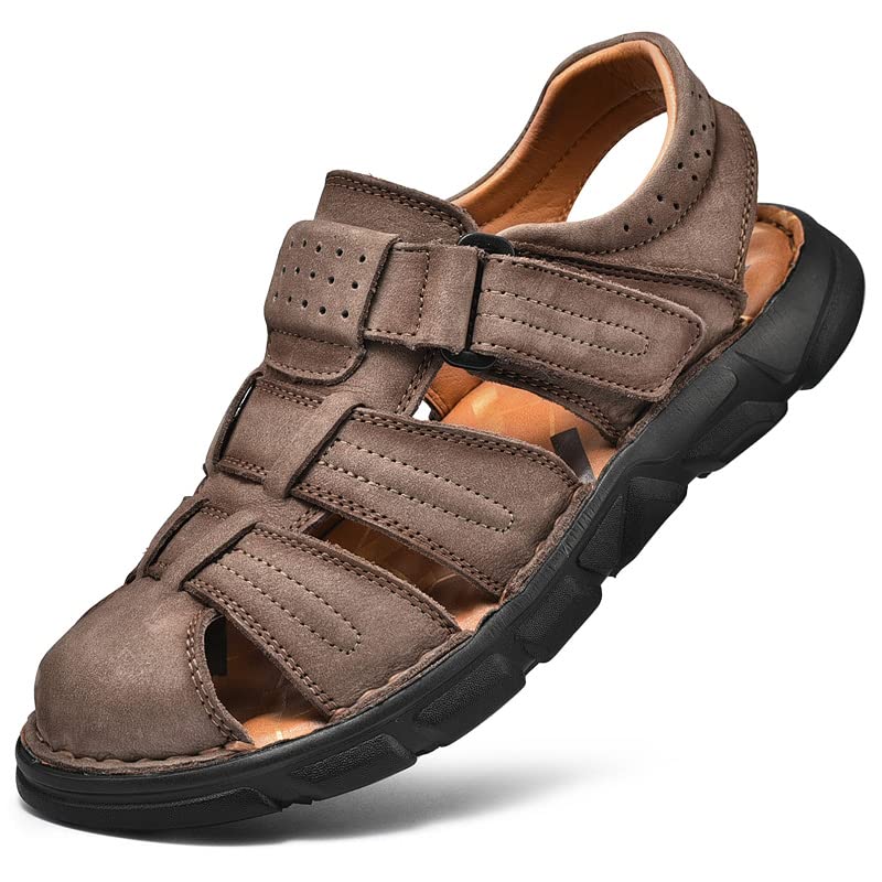 Men's Leather Sport Sandals Closed Toe Adjustable Outdoor Walking Fisherman Sandals
