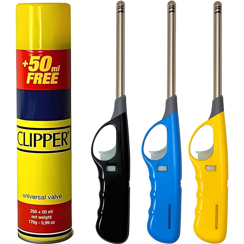 OBD 3 x Candle Lighters Refillable Long Reach Adjustable Flame Safety Lock Windproof Design with Clipper 300ml Gas Refill for Kitchen BBQ Candles Camping and Outdoor Cooking (Assorted Colous)