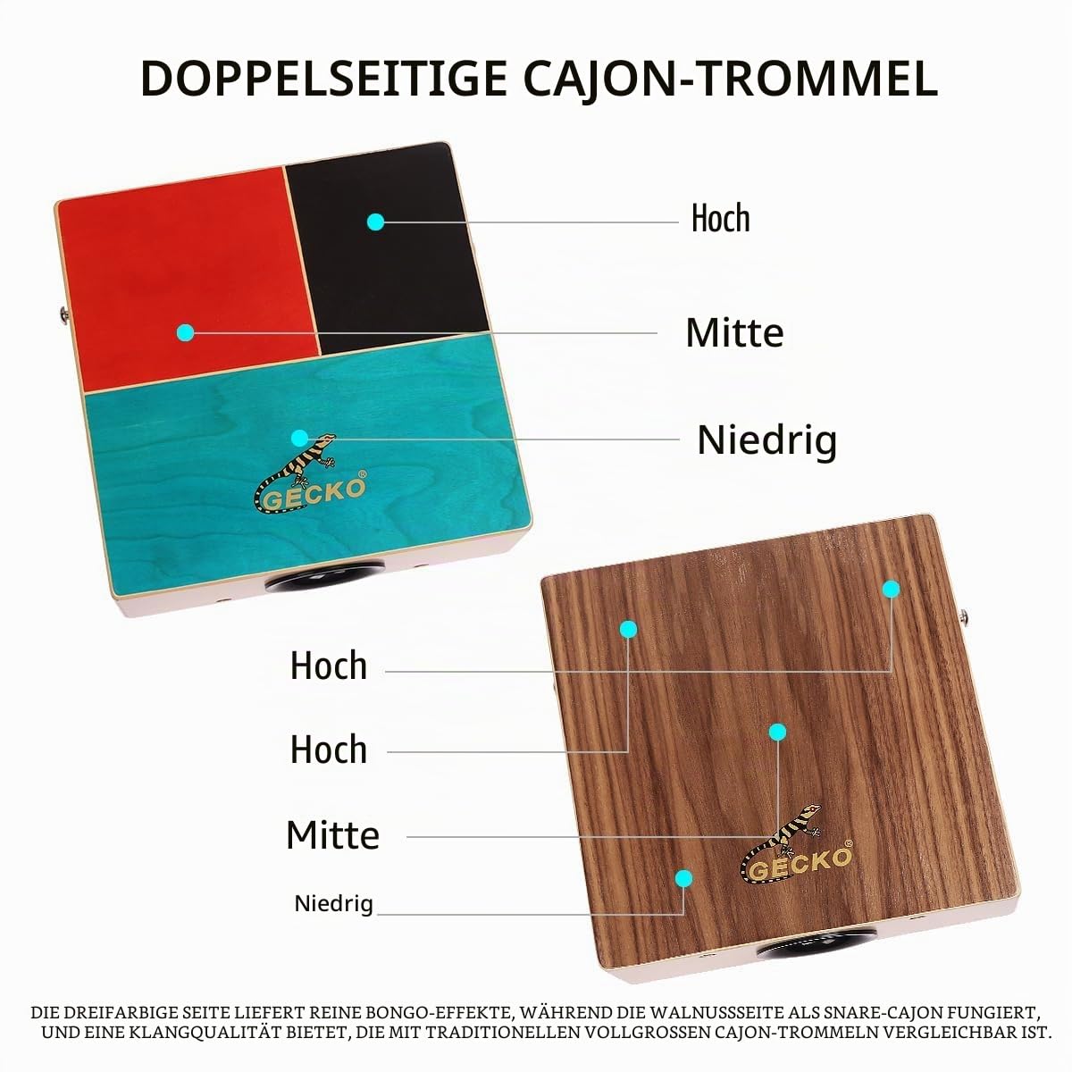 GECKO Cajon Drum Dual Sided Wooden Cajon with Bongo and Guitar String Sounds Portable Hand Percussion for Beginners and Professional Drummers - Birke und Walnuss mit Tragetasche