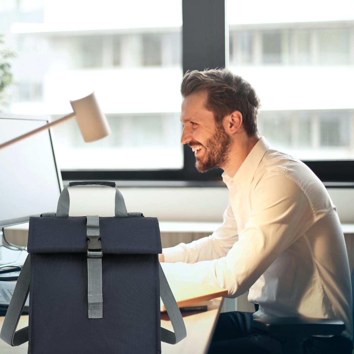 Insulated Lunch Bag for Men/Women,Roll top Reusable Lunch Box with Adjustable Shoulder Strap,Thermal Lunch Cooler Tote Container for Adults Work Office Picnic,Cyan - Image 2