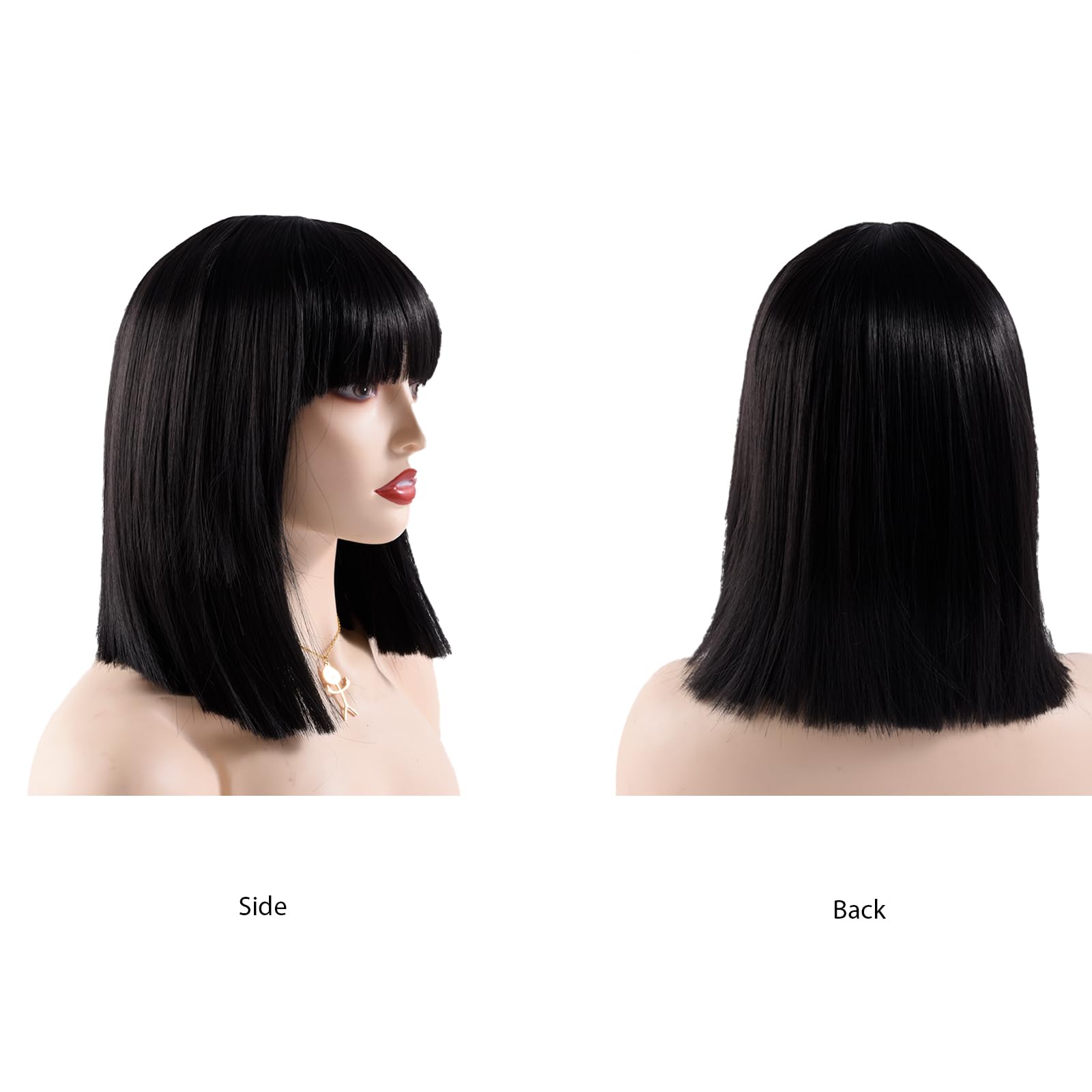 BUYOGET Natural Black Bob Wigs with Flat Bangs 13 Inch Striaght Shoulder Wigs for Women Cosplay Costume Party Wig - Image 2