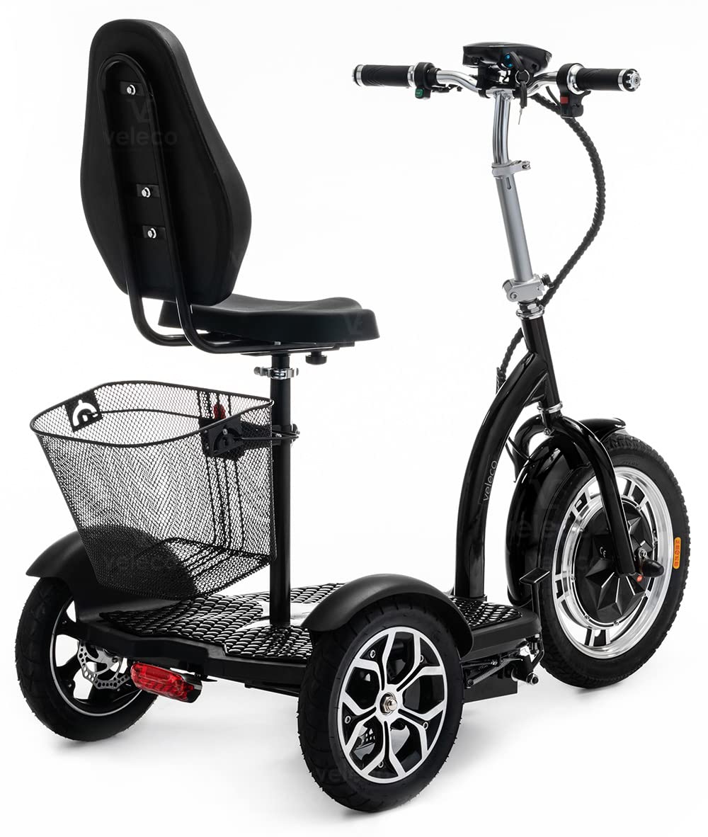 VELECO ZT16 - Scooter de movilidad de 3 ruedas - Totalmente ensamblado y listo para usar - Ruedas grandes - Fácil de maniobrar - Frenos delanteros y traseros - Cesta de la compra extraíble (NEGRO)
