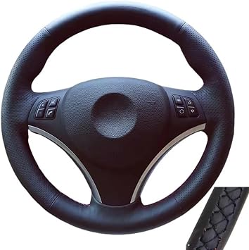Hand Sewn Leather car Steering Wheel Cover, Anti Slip and Breathable Ultra-fine Fiber Leather Wrapped with Stitching,for BMW E87 E81 E82 E88 X1 E84 E90 E91 E92 E93 Black Thread