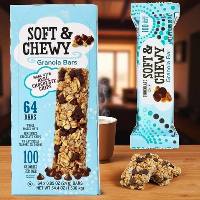Soft & Chewy Granola Bars – 128 Count (2 x 64 ct Boxes), 0.85 oz Each,Quality Kirkland,Whole Rolled Oats with Real Chocolate Chips, Kosher, No Artificial Flavors or Colors