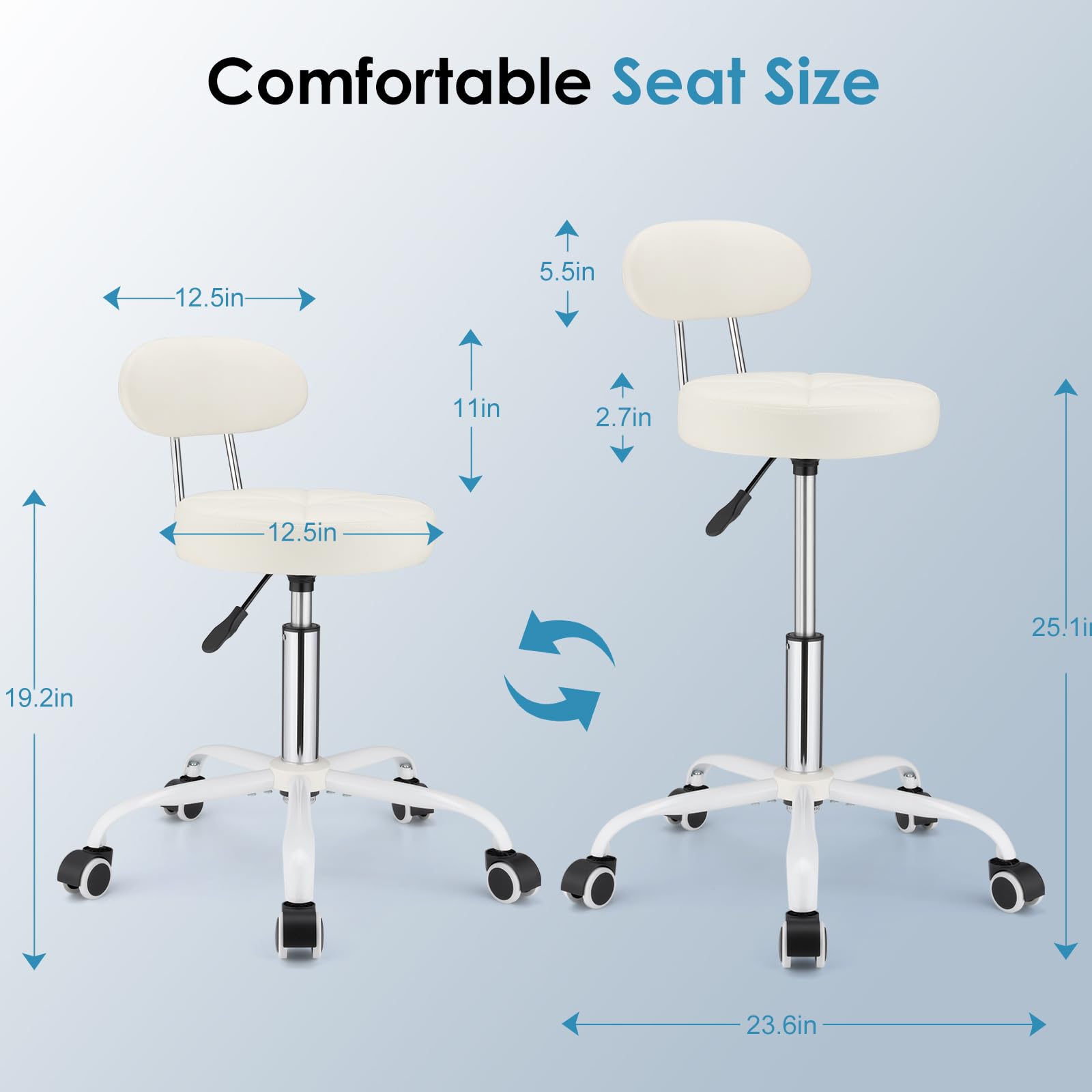White Rolling Stool with Back Support -3