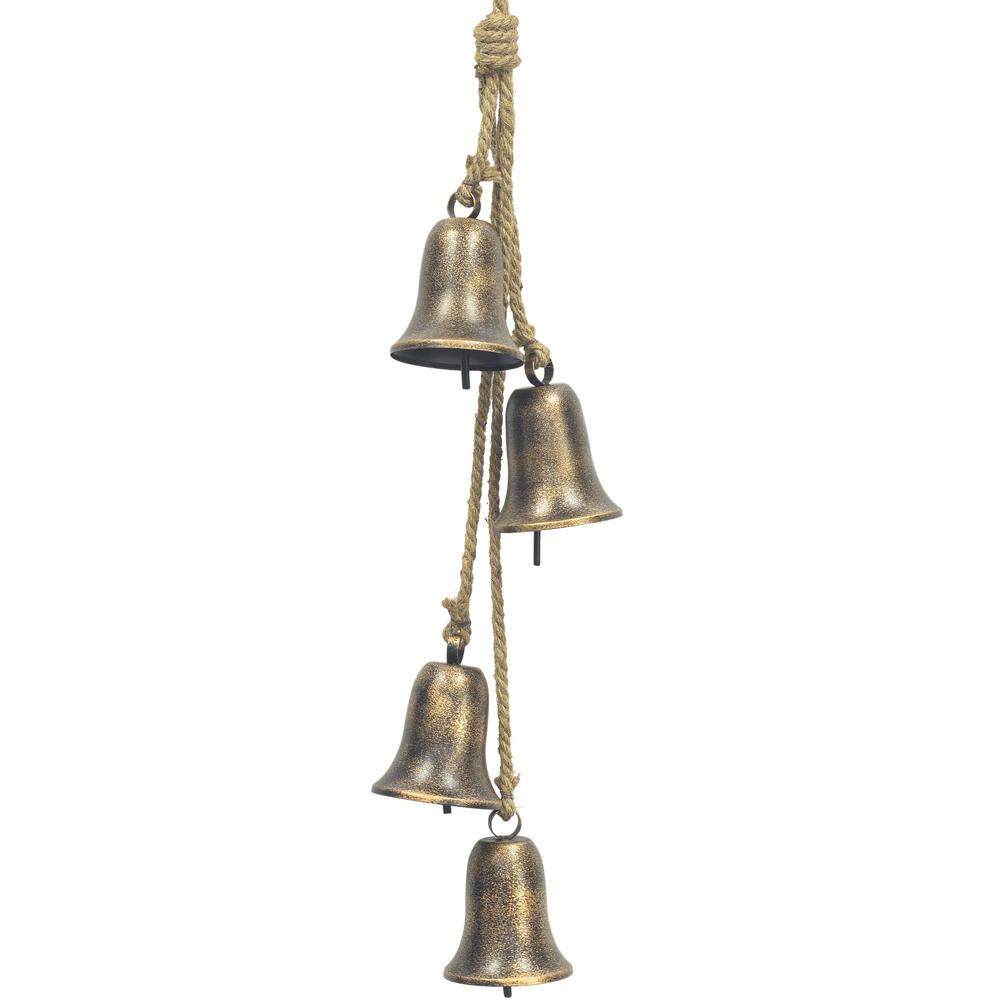 KI Store Triangular Metal Bell Cluster 4pcs Cow Bells on Jute Rope for Christmas Fireplace Mantel Garland Wreath Porch Towel Ladder Wall Hanging Decor 72CM