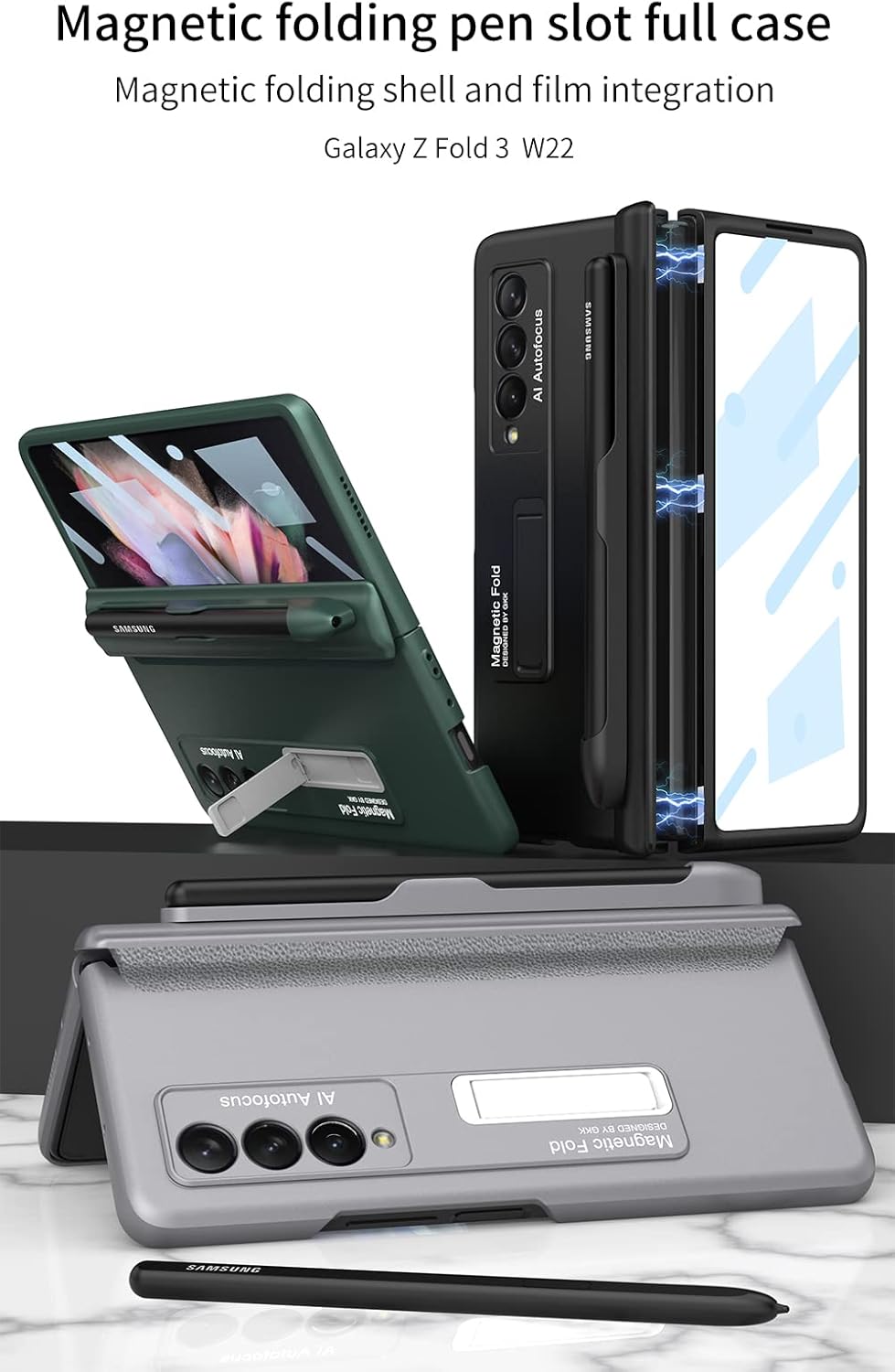 Compatible for Samsung Galaxy Z Fold 3 5g Case 9H Screen Protector Hinge All-Around Protection with S Pen Holder and Kickstand Built-in 9H Tempered Glass Hybrid Phone Cover, Green