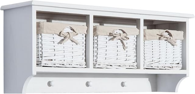 HOMCOM Entryway Coat Rack Wall Mounted Shelf w/Wicker Basket and Hooks (3 Baskets, White)