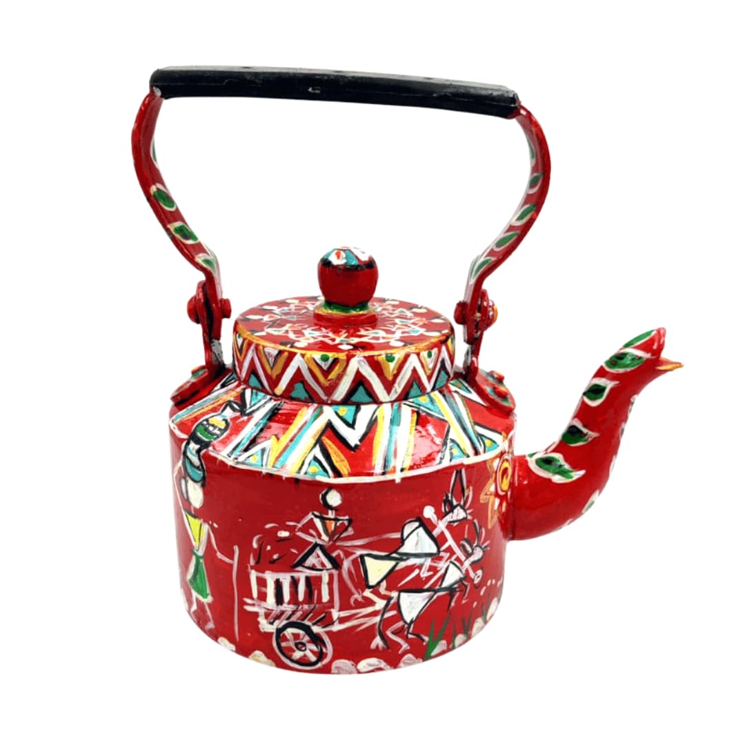 Srishti Green Decor - Hand Painted Red Warli Art Print Designer Aluminium Kettle for Tea/Coffee, Home Decor. Capacity 1L-image-34