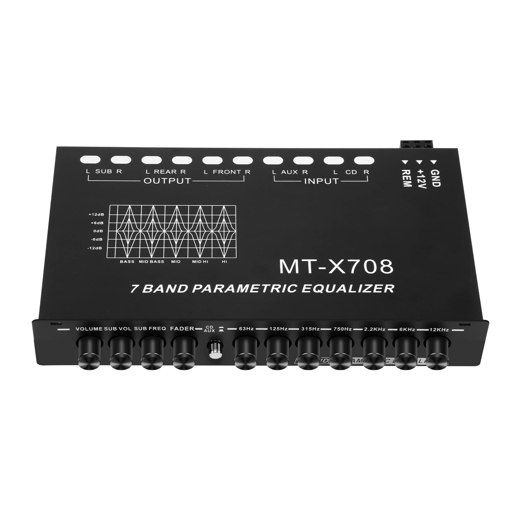 Ecualizador de Audio para AutomóVil de 7 Bandas, Ecualizador GráFico Ajustable para Amplificador de AutomóVil EQ de 7 Bandas con Interruptor de SeleccióN de Entrada CD/AUX, Negro