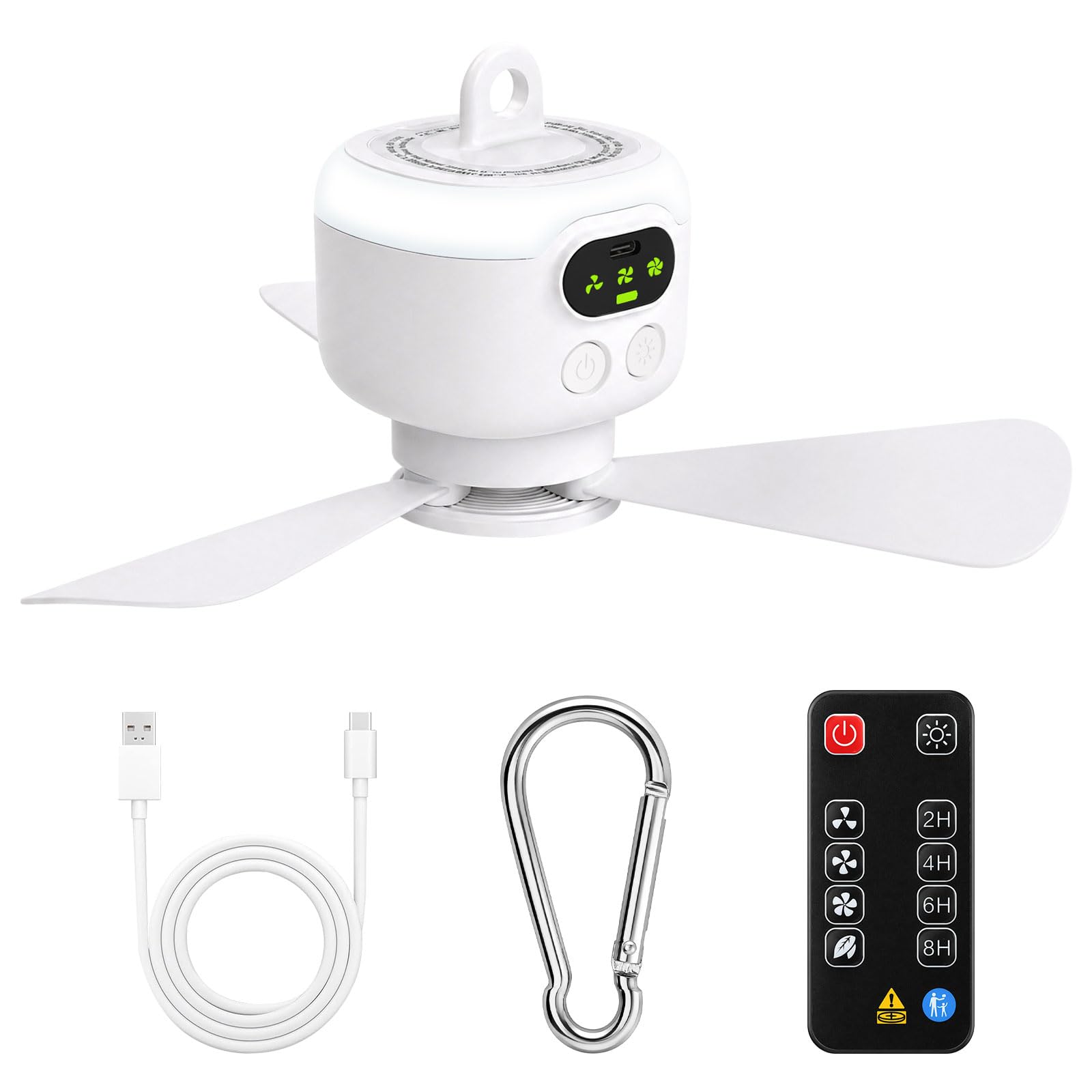 Piccolo Ventilatore da Campeggio Ricaricabile 8000mAh con Luce LED e Telecomando, Mini Ventilatore da Soffitto per Tenda Silenzioso, 4 Velocità Timer, Portatile Interno Esterno