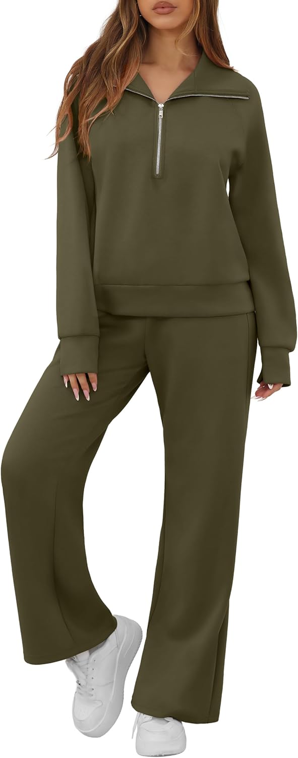 GRECERELLE Lounge Sets For Women 2026 Casual Lapel Half Zip Sweatshirt And Wide Leg Sweatpant 2 Piece Outfits Tracksuit Sets - Image 2