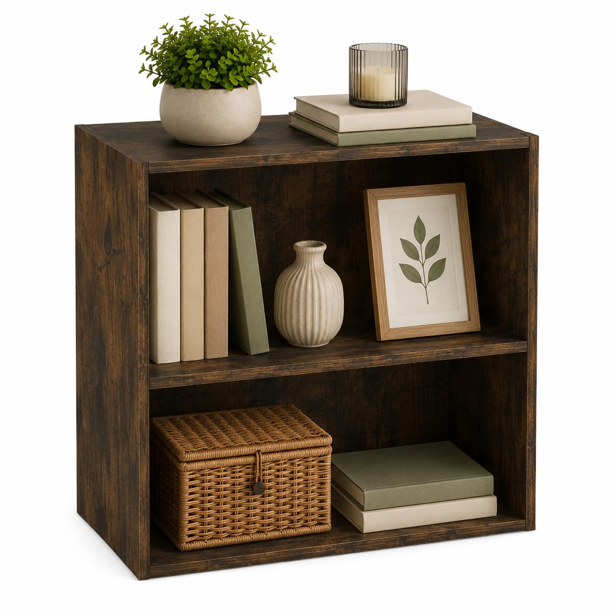URBNLIVING 2 Tier Wooden Storage Cabinet Cupboard with Shelves Optional Doors Bedroom Bedside Unit Living Room Hallway Furniture (Rustic Brown & Without Door)