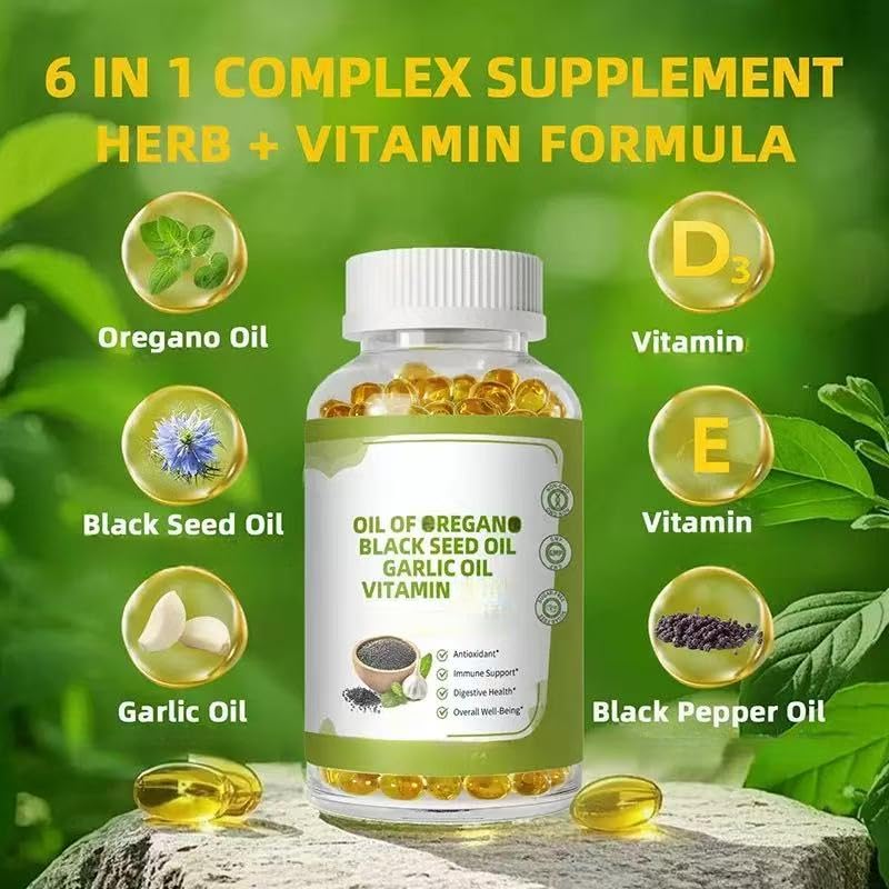Oreganoöl mit Schwarzkümmelöl-Vitamin. Unterstützt das Immunsystem, die Atemwege, die Verdauung und Antioxidantien, gentechnikfrei, glutenfrei