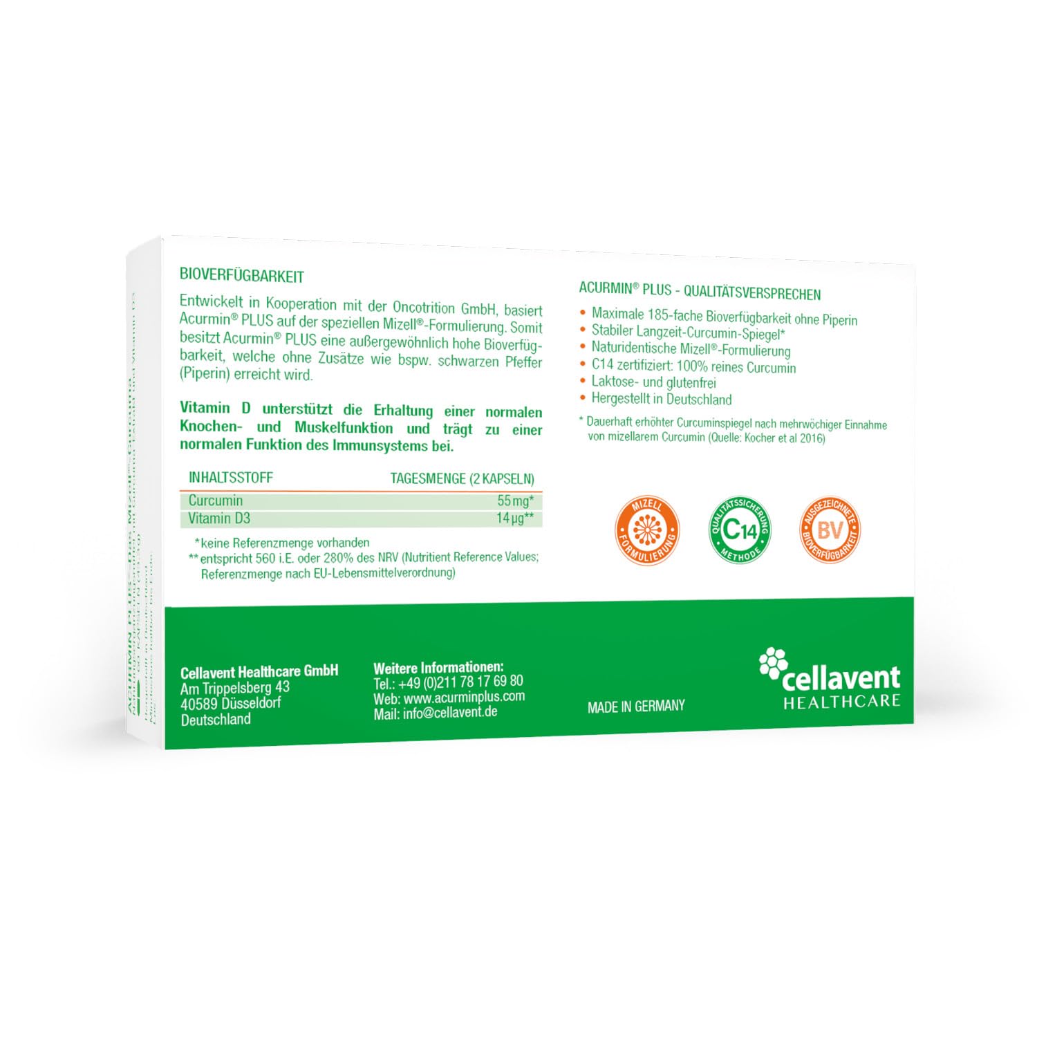 185x effektivere Kurkuma Kapseln - 10.000 mg Kurkuma Pulver/Tag - Kurkuma hochdosiert ohne Piperin - Mizell Curcuma - 95% Curcumin - mit Vitamin D3 für Knochen - Acurmin PLUS, 60 Kapseln