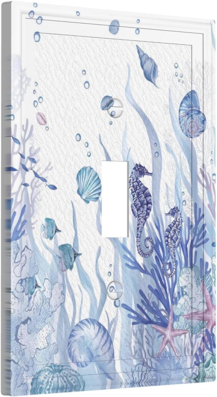 Ocean Nautical Coastal Light Switch Cover 1 Gang Single Toggle Coral Seahorse Beach Blue Wall Plate Decorative Country Electrical Faceplate Switchplate Faceplate for Bathroom Bedroom