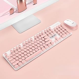 Keyboard and Mouse Combo,N520 2.4GHz Retro Keyboard and Mouse Sets,Cute Lovely Round Key Full-Size,Mechanical Feel,Smart Power-Saving,Whisper-Quiet(pink)