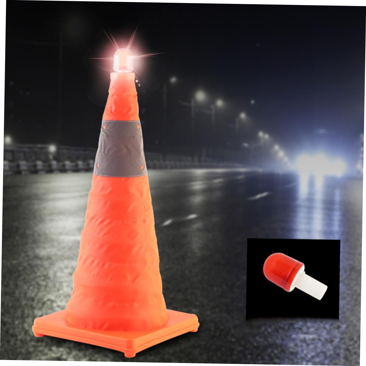 Mobestech Cône De Pliable avec Lumières LED Réfléchissant pour Sécurité Routière Bande Réfléchissante Base Caoutchouc