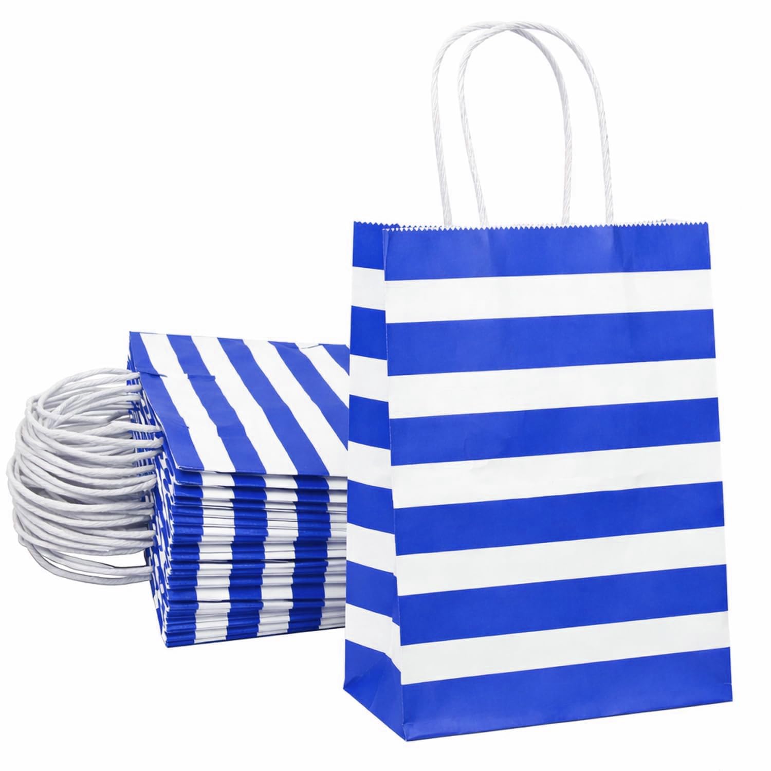 Aakriti Paper Gift Bags with Handles for Return Gifts, Party Favors & Shopping | Blue & White Striped Design | 25 pcs | 10 x 4 x 12 Inch Medium | Retail Packaging Bags
