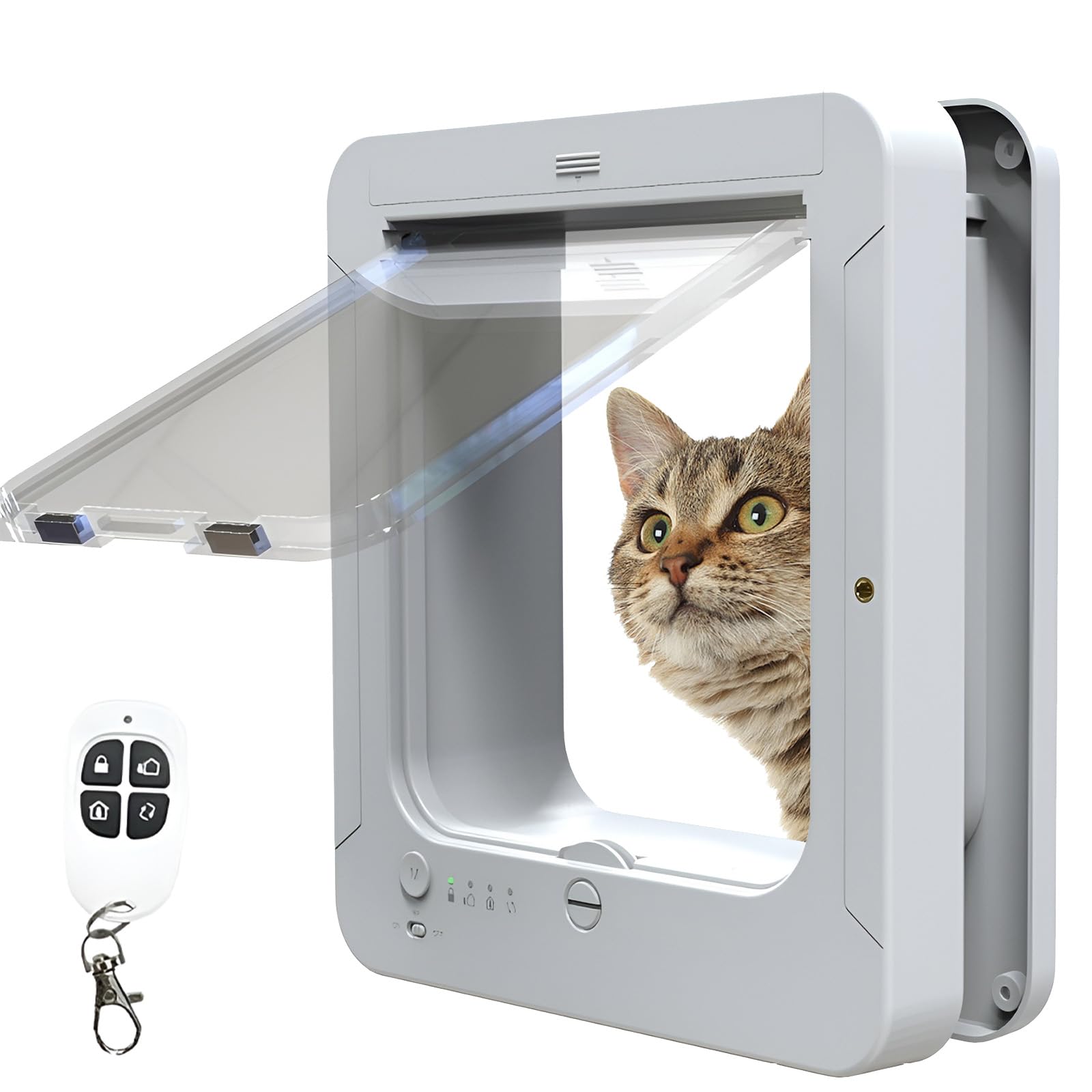 Deluxe Mart Cat Door, Microchip Cat Flap, Smart Cat Door, with 2 Sensor Collars and 1 Remote Control, Opening Size: 7.7 * 8.3 in, for Cat, Puppy white
