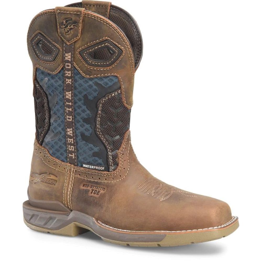 PHANTOM RIDER Women's Watcher 10” Waterproof Wide Square Composite Toe Roper Boots with Thomas Brown Leather and Blue Textile and TPU Quarter