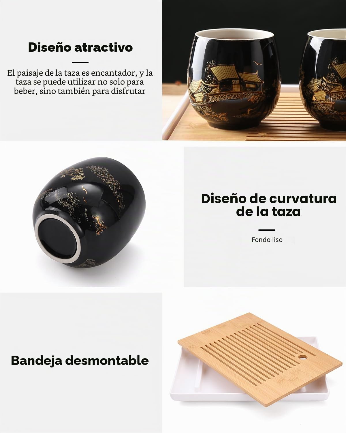 DUJUST Juego de Té Japonés, Juego de Té Chino de Porcelana Negra con 1 Tetera, 6 Tazas de Té, 1 Bandeja, 1 Infusor, Hermoso Juego de Té Asiático para Amantes del Té (Campo en Dorado)